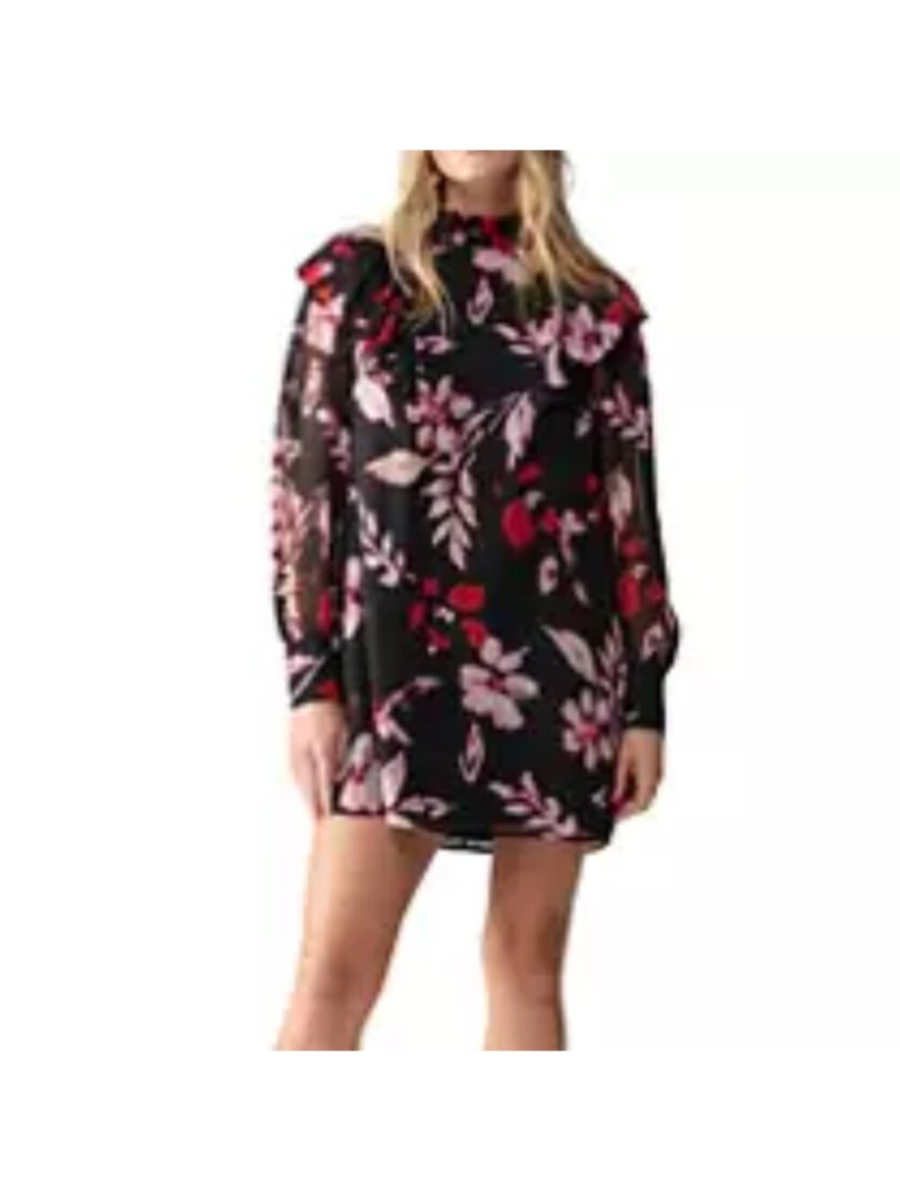 Sanctuary Women’s Floral Babydoll Mini Dress Small Metallic Mock Neck Boho